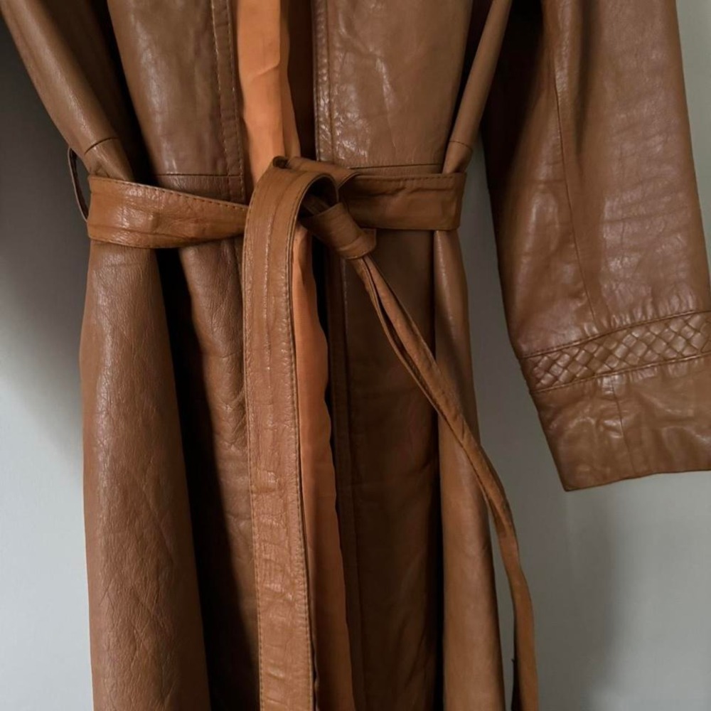 Vintage 70s Cognac Leather Trench Coat Woven Braided - Picture 9 of 11